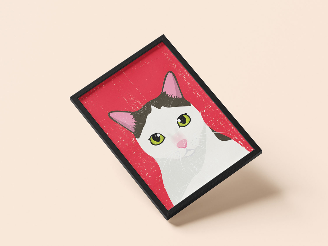 A mockup image of a graphic retro cat portrait.