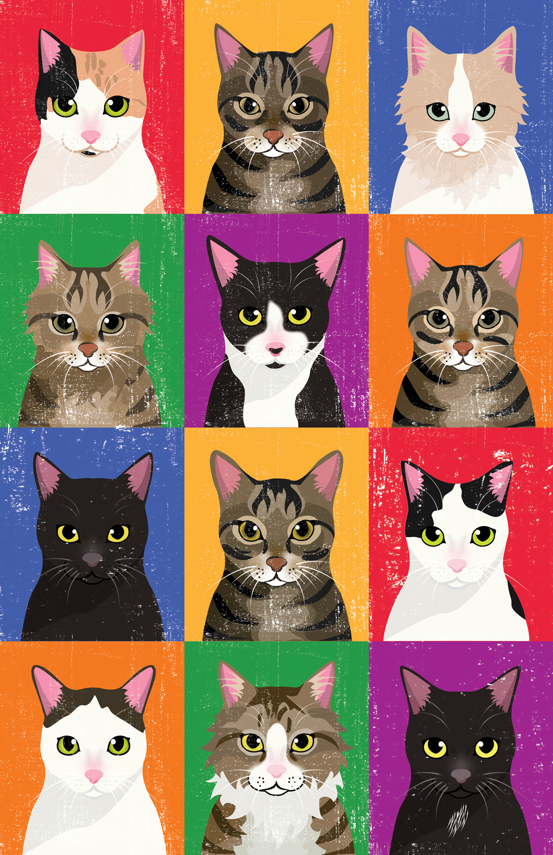 Several images of graphic retro cat portraits.