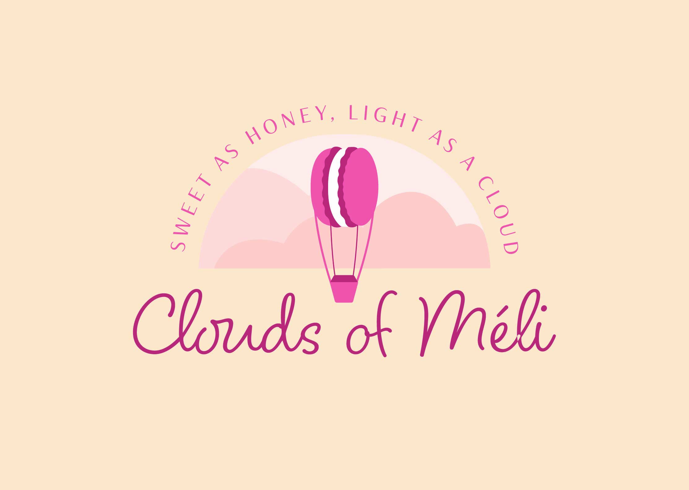 A logo design with a macaron floating in the clouds. Clouds of Méli: Sweet as honey, light as a cloud.