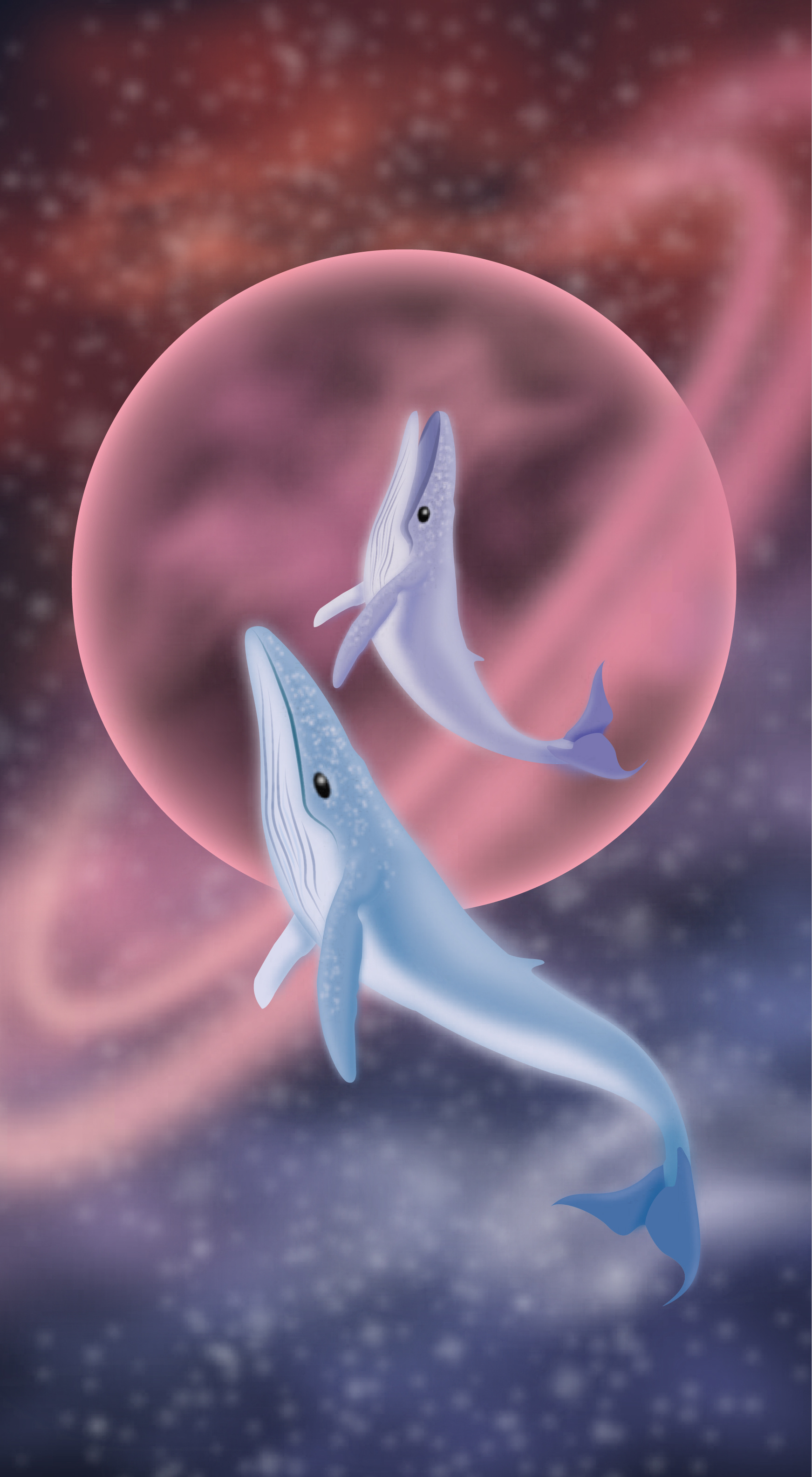 A poster graphic of a mother humback whale flying through the galaxy with her child.