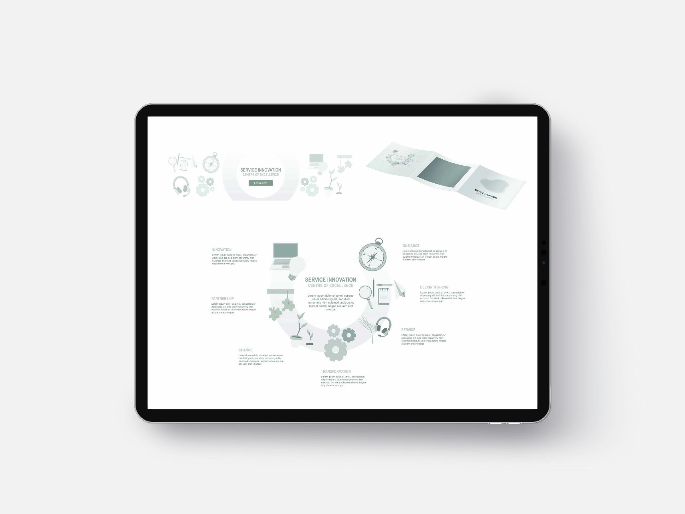 A greyscale mockup of the web banner, pamphlet, and poster.