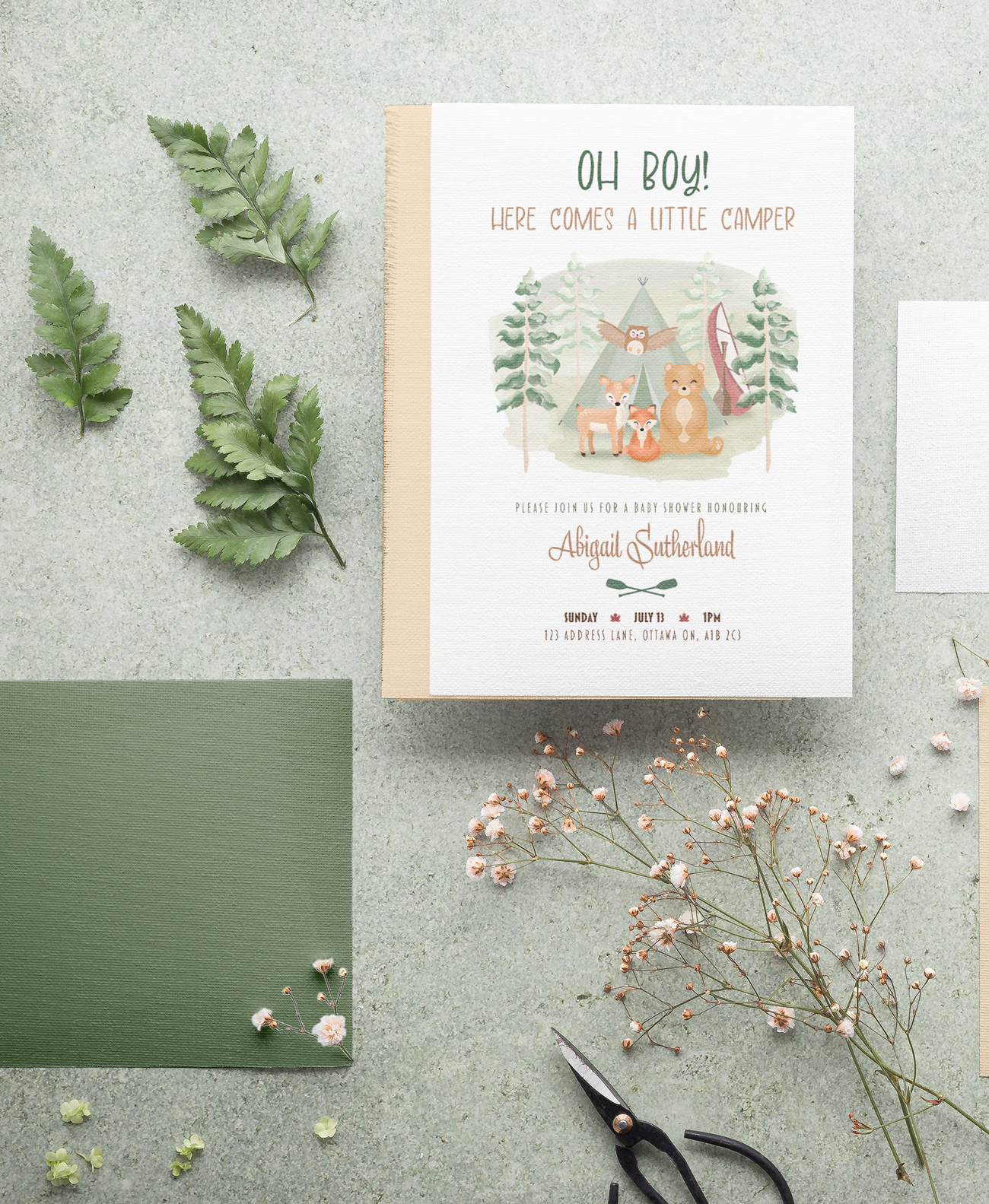 A mockup image of the invitation on cardstock.
