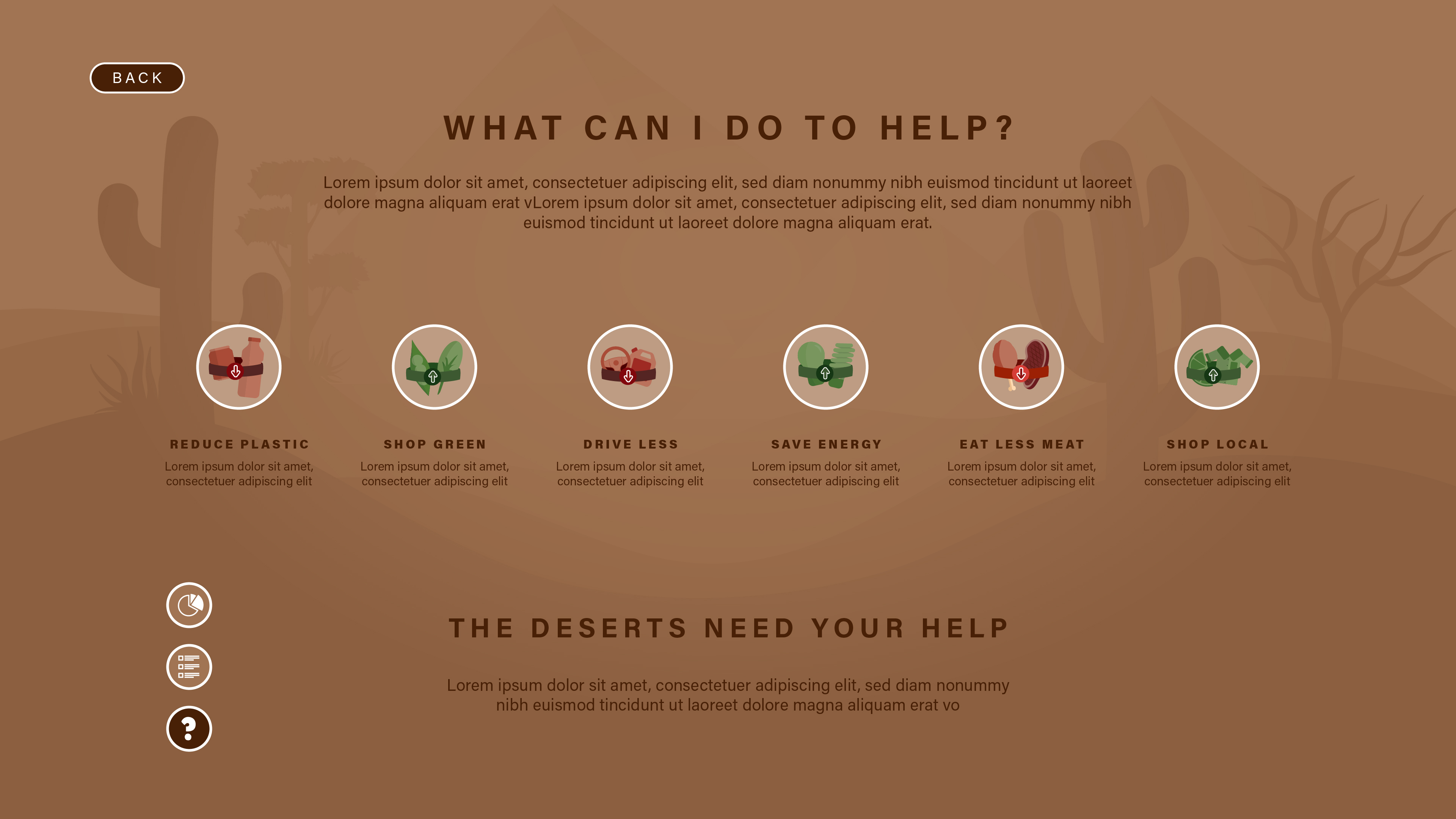 A screen that shows several icons representing what the user can reduce and increase to be more sustainable.