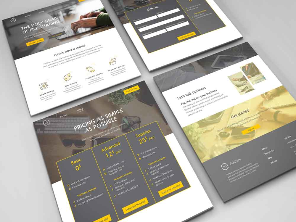A mockup image of the pricing page, and other pages.