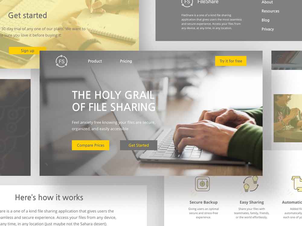 A mockup image of the FileShare homepage.